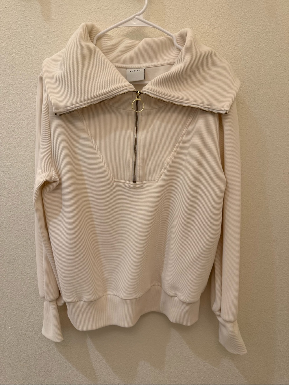 Varley Cream Half-Zip Funnel Neck Sweater with Ring Pull